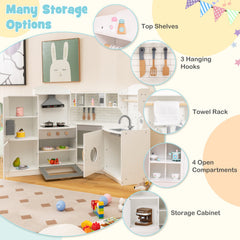 Corner Kids Play Kitchen with Washing Machine and Ice Maker Gift for Boys Girls-White